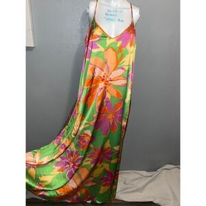 Tahari Y2K Floral Maxi Dress Green Orange Pink Spaghetti Strap V Neck Flowy